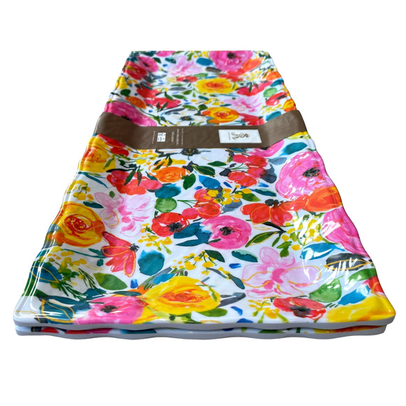 2pc Rachel Ashwell Spring Floral Large Melamine Serving Tray Platter 19x8 NEW - Picture 2 of 9